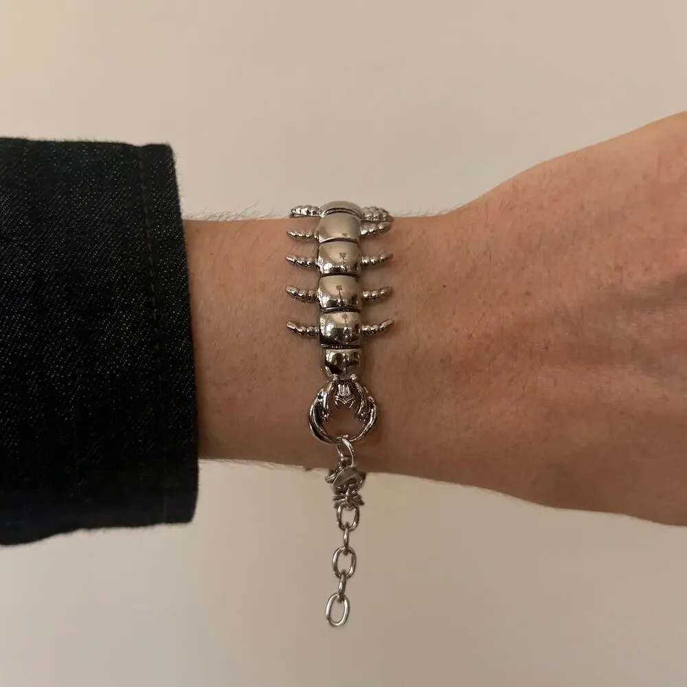 Y2K Silver Stainless Steel Skeleton Bracelet Lobster Clasp Unisex Edgy Accessory